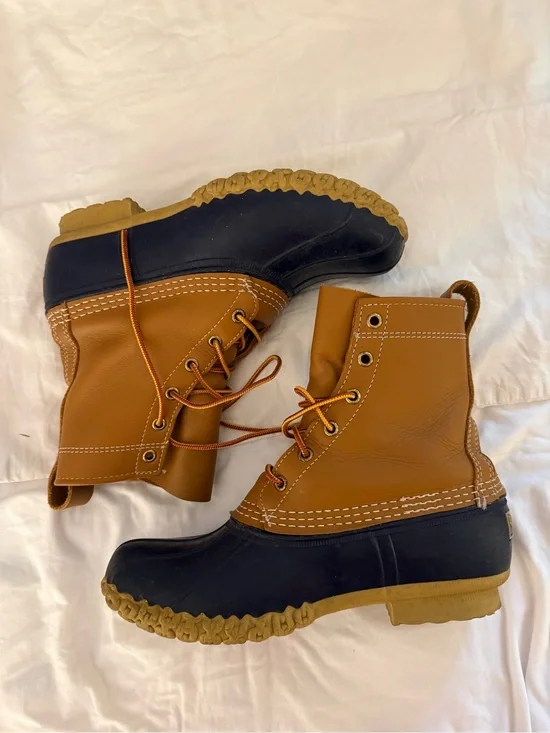 Classic Bean Boots - tan and navy duck boots in 8W