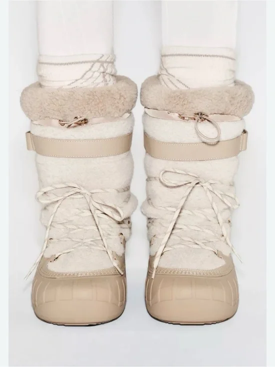 Zara Cream Shearling-Trim Winter Lace-Up Boots