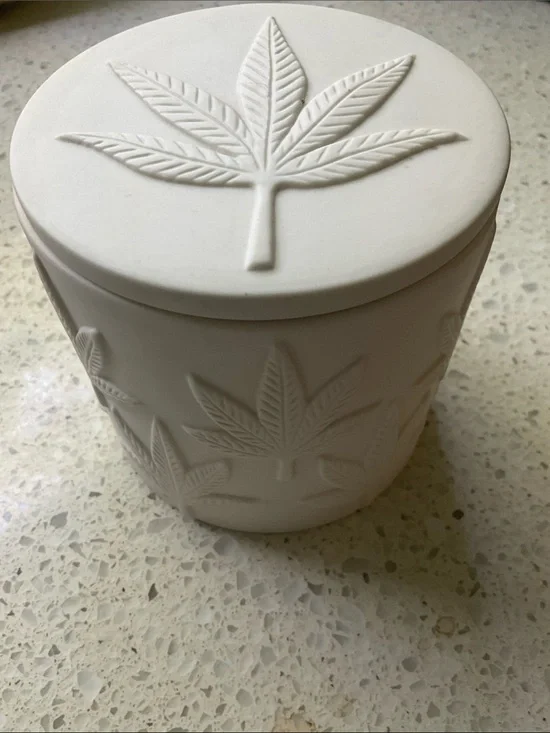 Jonathan Adler White Bisque Cannabis Leaf Cannister AS IS *Stained*