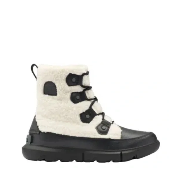 {Sorel} NWT Explorer Ii Joan Cozy Boot Black, Sea Salt  Black & white size 7.5