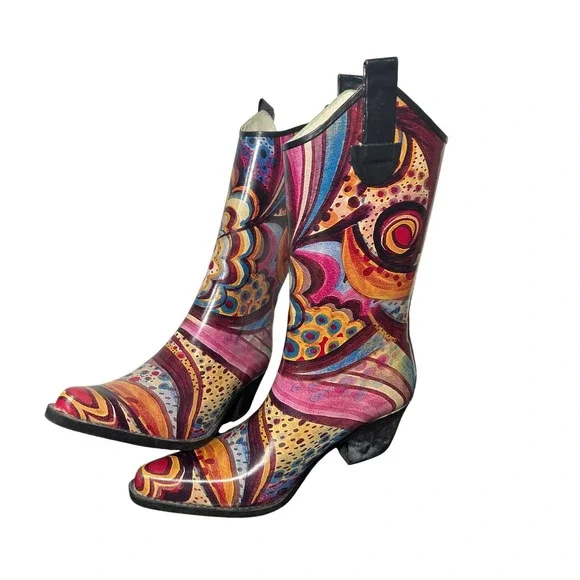 Womens‎ Multi Color Abstract Psychedelic Print Rubber Western Rain Boots Size 6