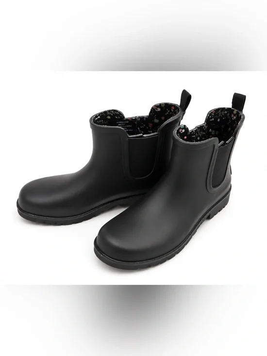 Black Chelsea-Style Rain Ankle Boots with Floral Lining