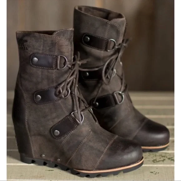 Sorel Joan of Arctic Wedge Mid Waterproof Leather Boots Size 6 Grill Black