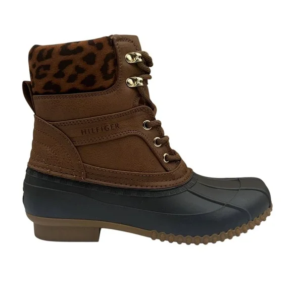 Tommy Hilfiger Women's Lined Duck Boots Size 7-7.5 Brown Leopard Print Warm Cozy