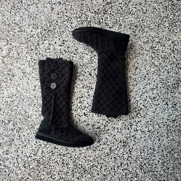 Ugg Boots Lattice Cardy Knit Womens 6 Black Slip On Fold Over Button 3066 Fur
