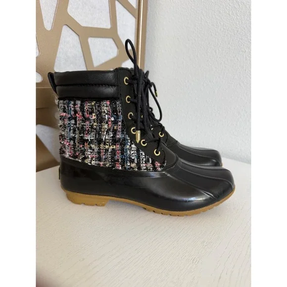 Sam Edelman Black Tweed Duck Boots Lace Up Rain Ankle Booties Gold Caldwell 6