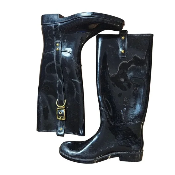 Coach Tasha Signature Buckle Rain Boots Tall Womens 10 Glossy Quiet‎ Luxury