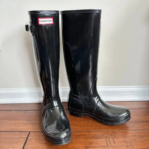 Hunter Original Tall Gloss Rain Boots Black Women's 6 Men's 5 EU 37 Knee High