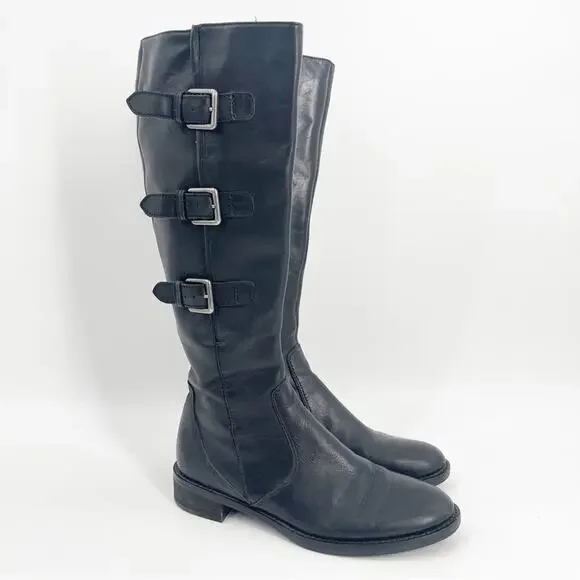 ECCO Boots Size 38 (7-7.5) Black Hobart 3 Buckle Riding Tall Womens Leather