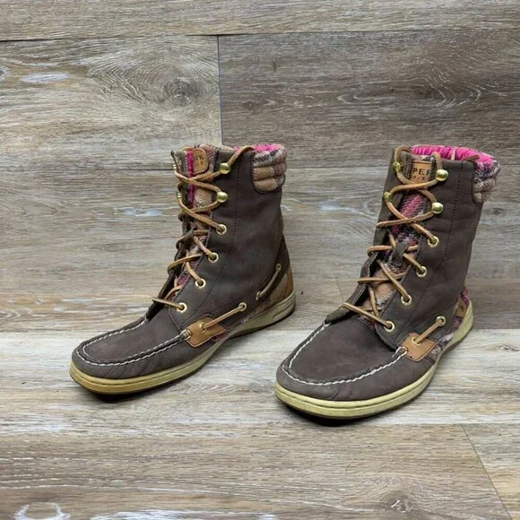 Sperry Hikerfish Brown Leather Pink Plaid Boots Women's Size 9