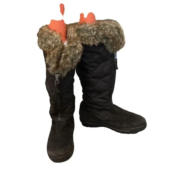 Lands End Womens Quilted Suede Winter Boots Faux Fur Trim Brown US 8 EU 38.5