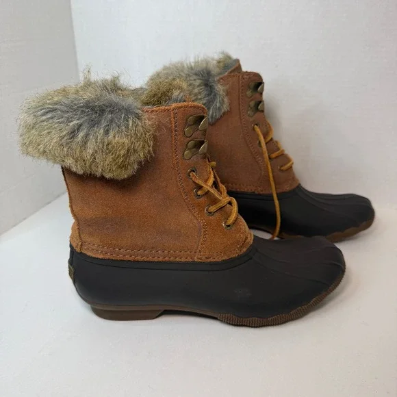 Sperry Top Sider Women's Saltwater Suede Faux Fur Duck Boots Brown STS93846 Sz 7