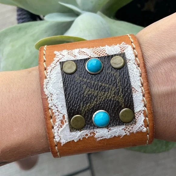Leather Cuff Bracelet with Turquoise Accents
