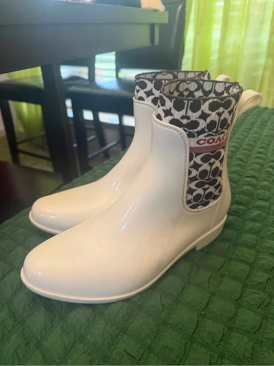 Coach White Rain Boots with Black & White Signature Cuff