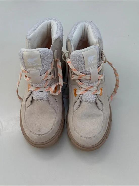Sorel Cream Suede Sherpa Lace-Up Boots with Peach-Striped Laces