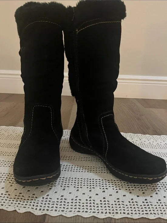 Bare Traps Black Suede Tall Winter Boots with Faux Fur Trim size 7 NWOB