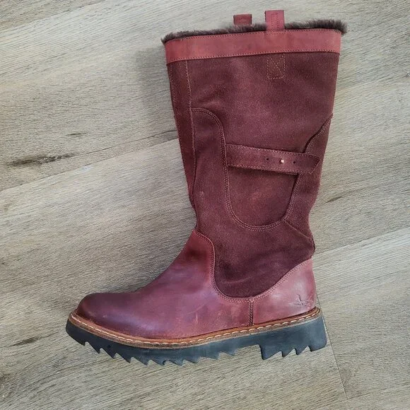 J Shoes Fur Lined Leather and Suede Boots Oxblood/ Blackberry Wine Size 8