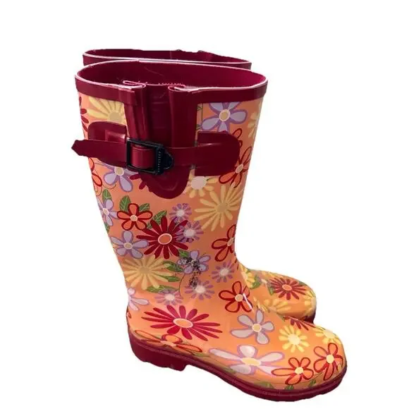 Womens Stone Creek Rubber Steel Shank Boots Size 6 Orange Flowers Rain Boots