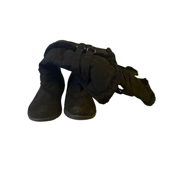 Shoe Dept Buffy Black Faux Suede Fur Trim Mid Calf Buckle Boots Womens 8.5M