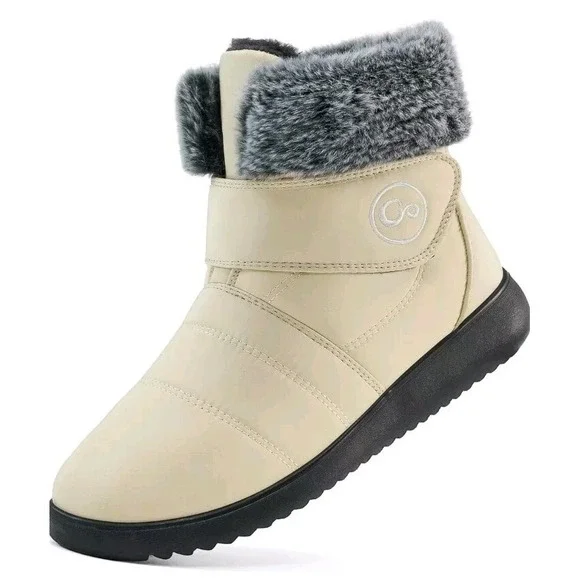 Women's Snow Boots Winter Shoes Faux Fur Lined Beige Warm Slip On Boots EU‎ 45