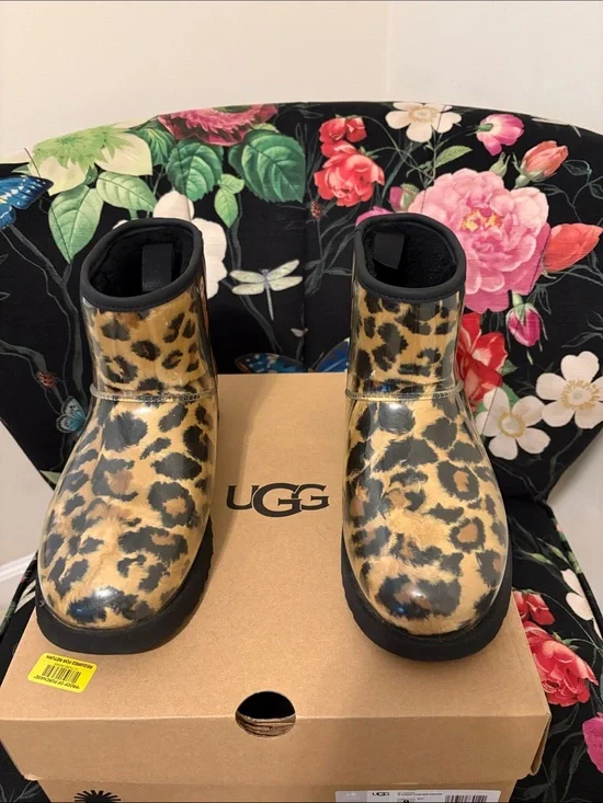 UGG Leopard-Print Short Rain Boots - Gold, Black, Tan