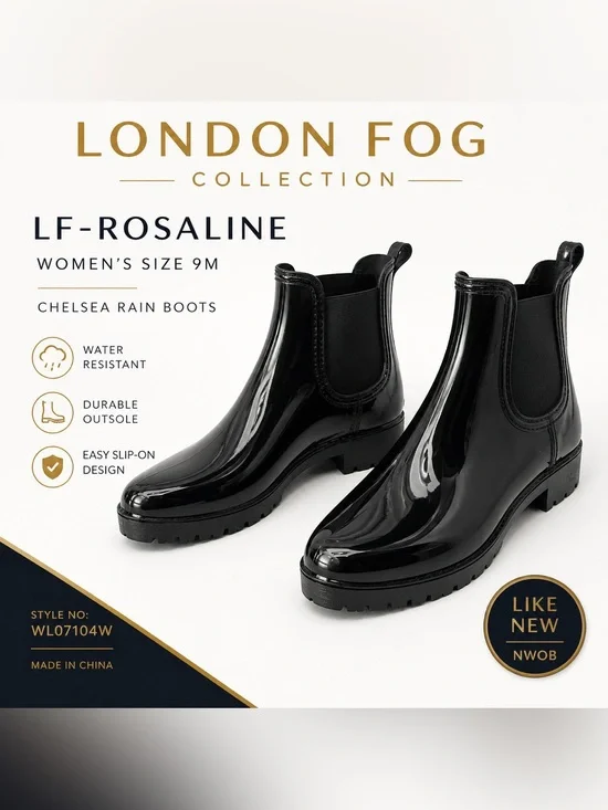London Fog Rosaline Black Gloss Chelsea Boots Size 9M NWOB