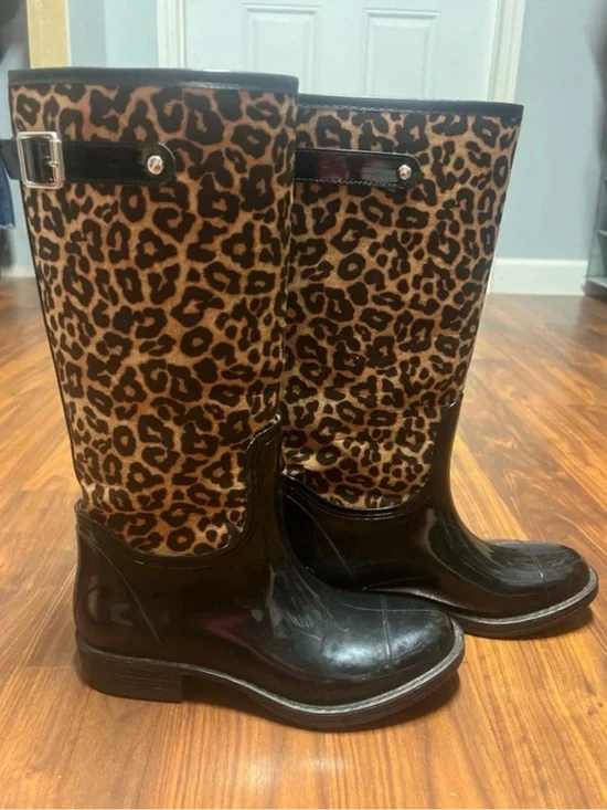 Qupid Leopard Print Rain Boots with Black Patent Foot