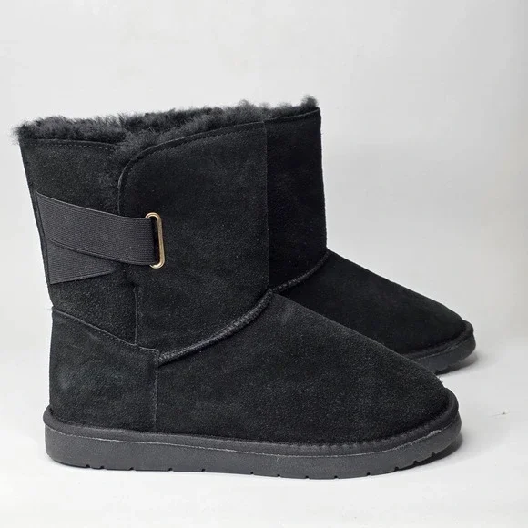 Serra Women's Winter Boots Size 9 Black Suede Lamb Fur Pull On Snow Shoes Buckle