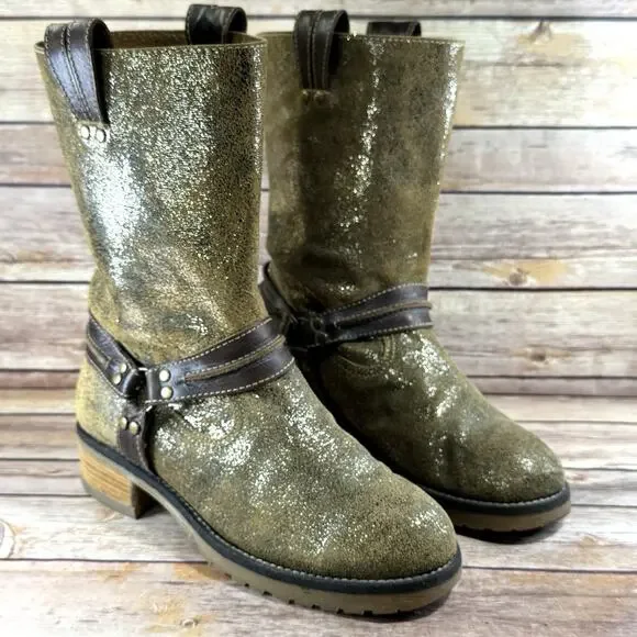 Sbicca Womens Distressed Metallic Gold & Brown Leather Ozark Moto Boots 9
