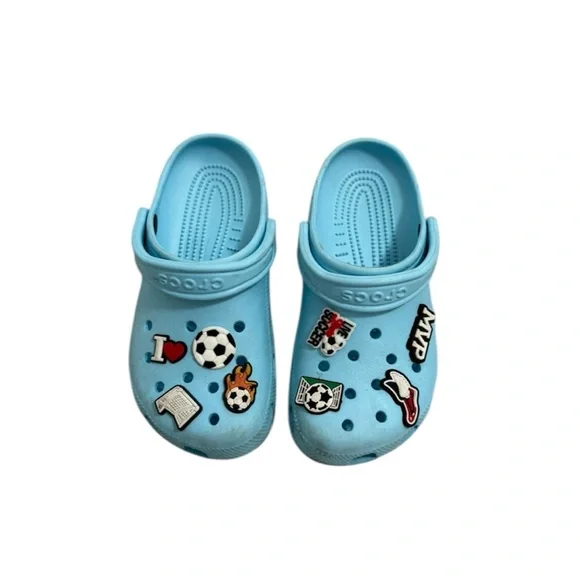CROCS Kids Light Blue Water Shoes with Sports Charms Size 4/5