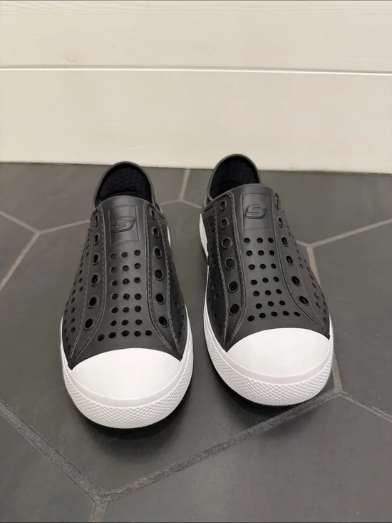 Skechers Men's Black Slip-On Perforated Loafers with White Toe Cap