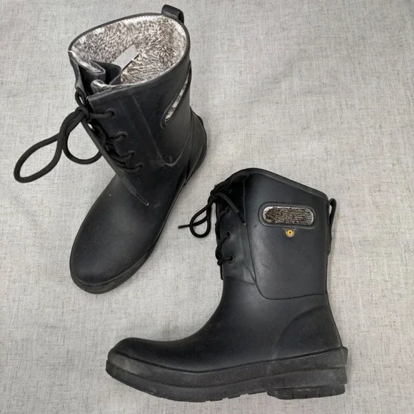 Bogs Amanda II Lace Boots Black Rubber Plush Lined Waterproof‎ Rain Women's 7
