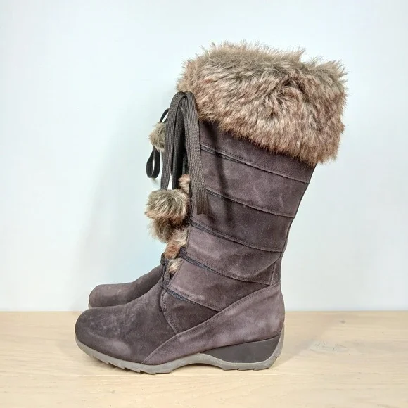 Naturalizer Winter Boots Womens 8.5M Brown Suede Faux Fur Lace Up Pom Pom