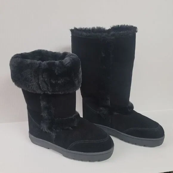 Style & Co Witty Womens Size 9 Black Leather Mid Calf Faux Fur Snow Winter Boots