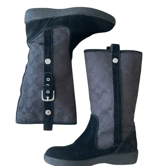 Coach Logo Boots Black Suede‎ Canvass Monogram Mid-Calf 