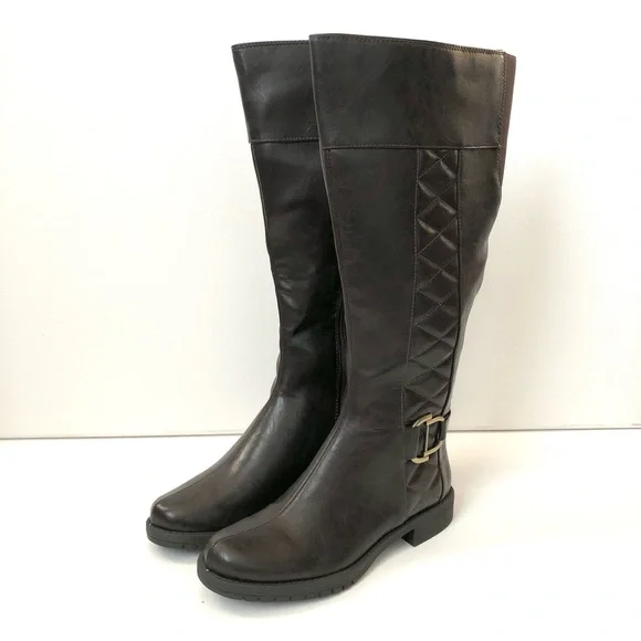 Life Stride Marvelous Dark Brown Faux Leather Wide Calf Knee High Boots Size 6.5