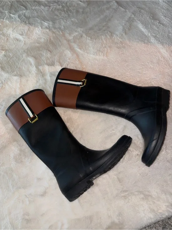 Tommy Hilfiger Black and Brown Tall Rain Boots with Stripe Accent