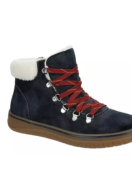 Everly Navy Winter Ankle Boot with Brown Sole and Red Laces