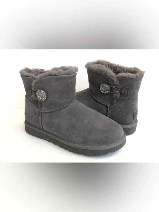 New UGG MINI BAILEY BUTTON CRYSTALS CHARCOAL BOOTS