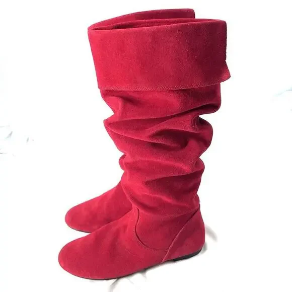 Vintage 90s GIANNI BINI Red Suede Slouch Over the Calf Boots Womens 6.5