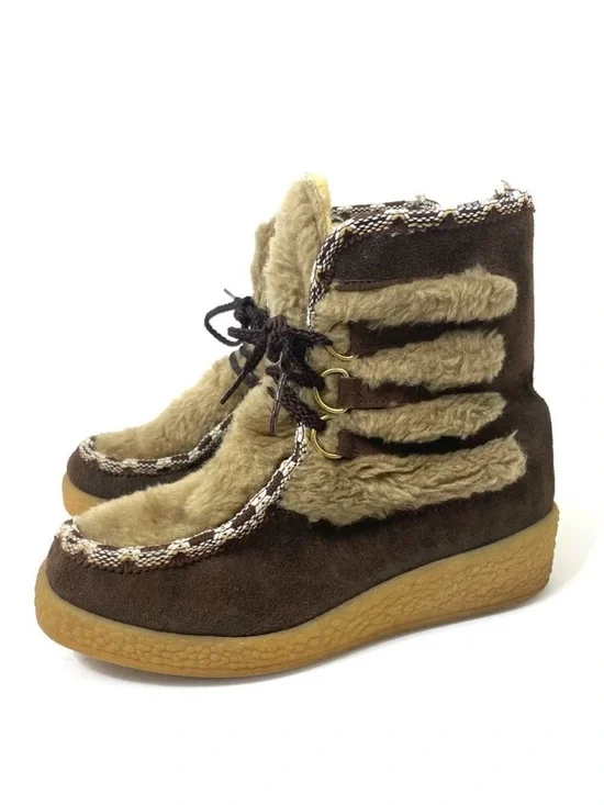 Quoddy Brown Suede Faux Fur Wool Lined Lace Up Moccasin Boots