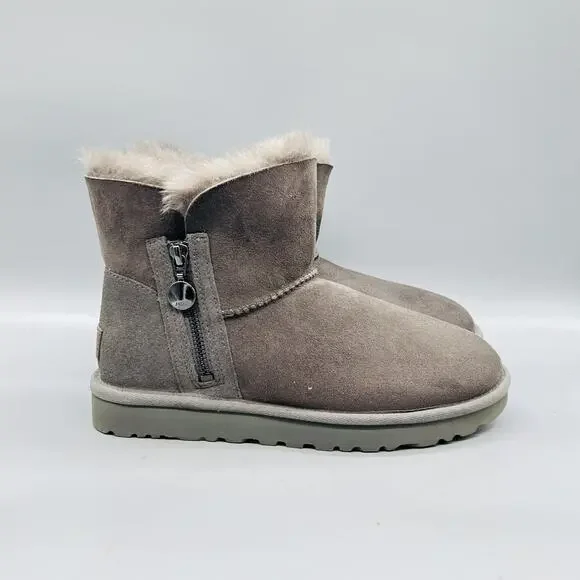 UGG Boots Womens 7 Gray Suede Shearling Lined Ankle Zip Winter Booties Shoes