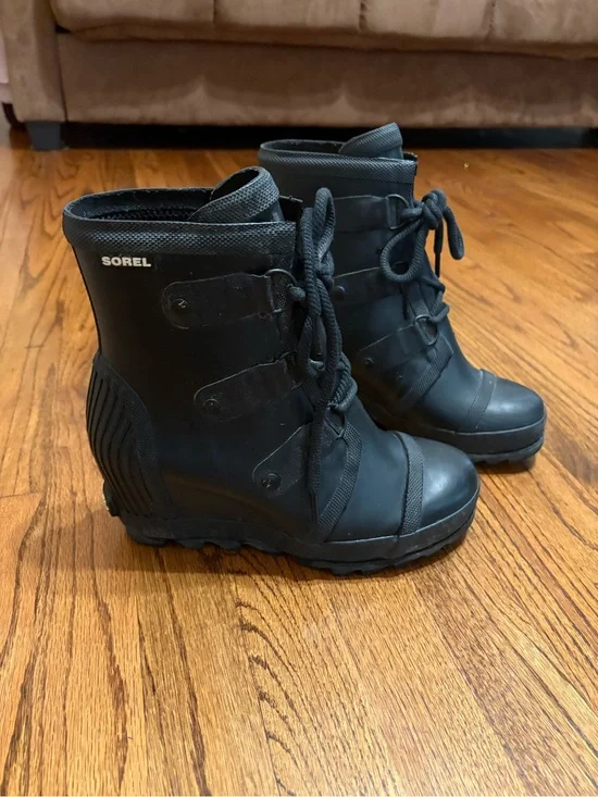 Sorel Women’s Black Lace-Up Rain & Snow Boots with Wedge Heel