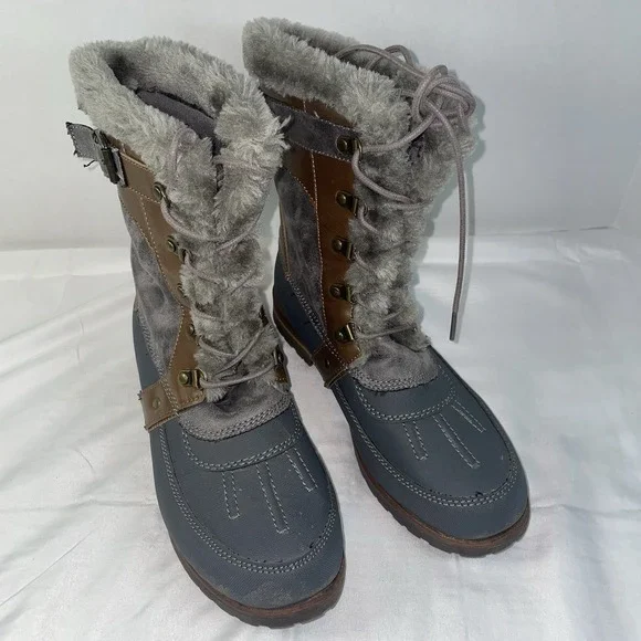 Rock & Candy Danlea Grey Brown Faux Fur Lined Lace Up Winter Duck Boots Size 9M