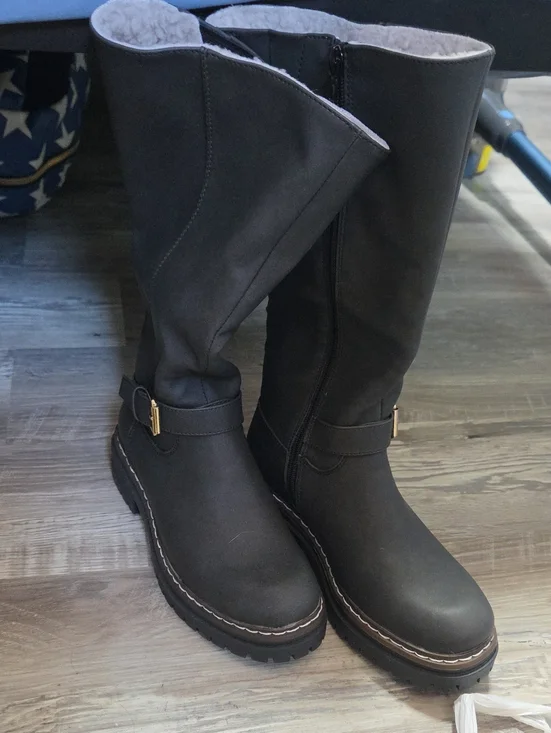 Black Faux-Shearling Tall Winter Boots with Buckle Detail
