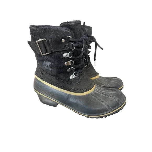 Sorel Slimpack Riding Black Suede Waterproof Duck Boots Heel Buckle Strap 8