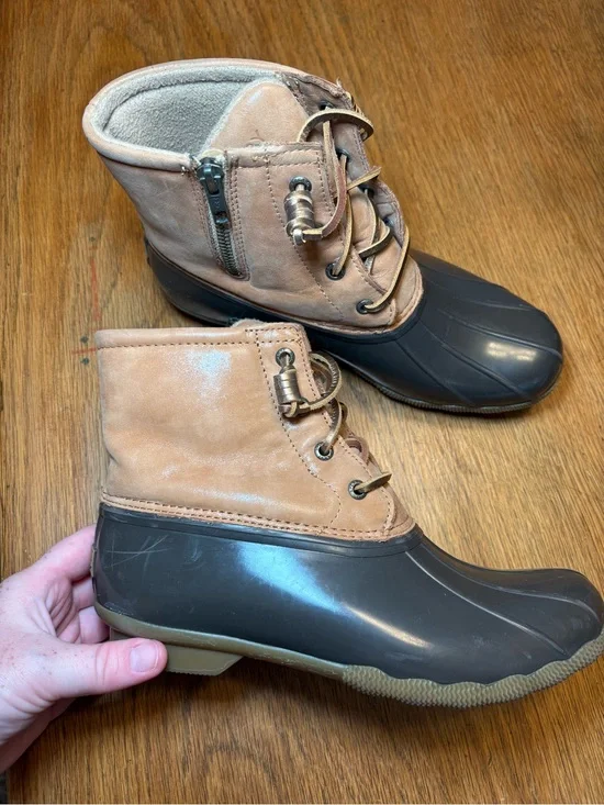 Sperry Saltwater Duck Boots Tan Leather Dark Brown Waterproof Rain Boots Size 8