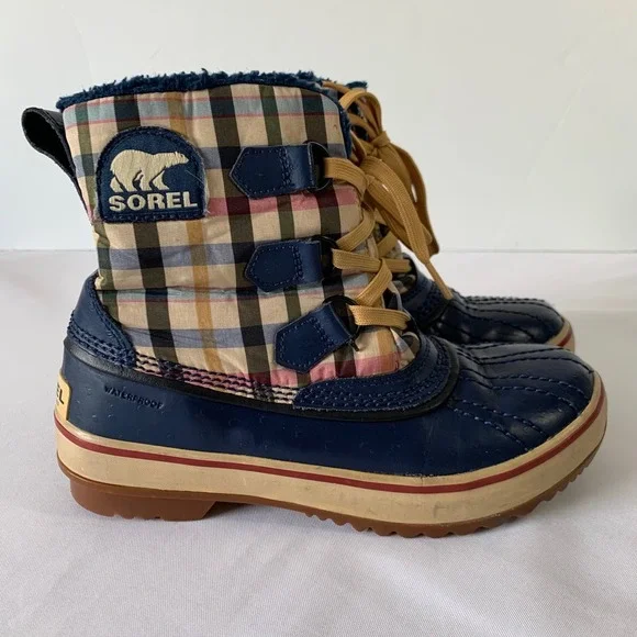 Sorel Winter Duck Boots Womens 6 Navy Blue Plaid Waterproof Insulated Gorpcore