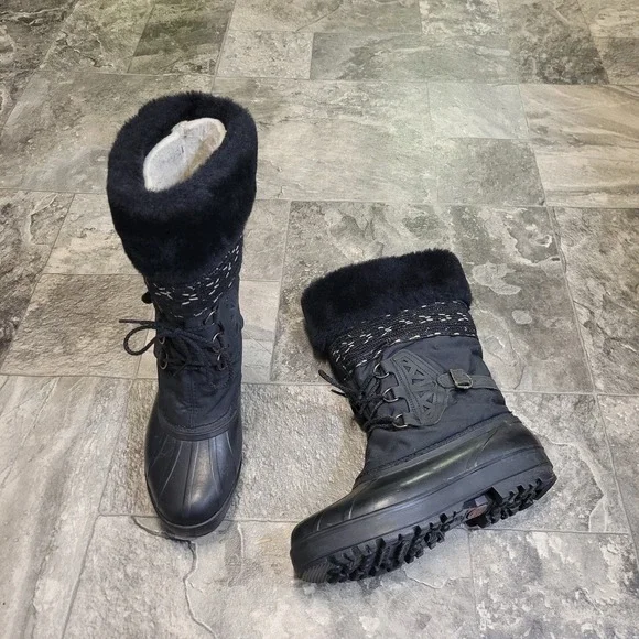 Vintage 90s y2k Sorel Winter Boots Black Faux Fur‎ Trim Lace Up Duck Boots 10