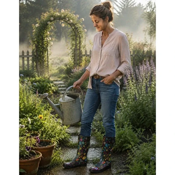 Western Chief Rain Boots Size 9 Garden Black Floral Waterproof Rubber #1103